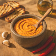 Rouille maison épaisse dans mortier avec pain grillé et ail