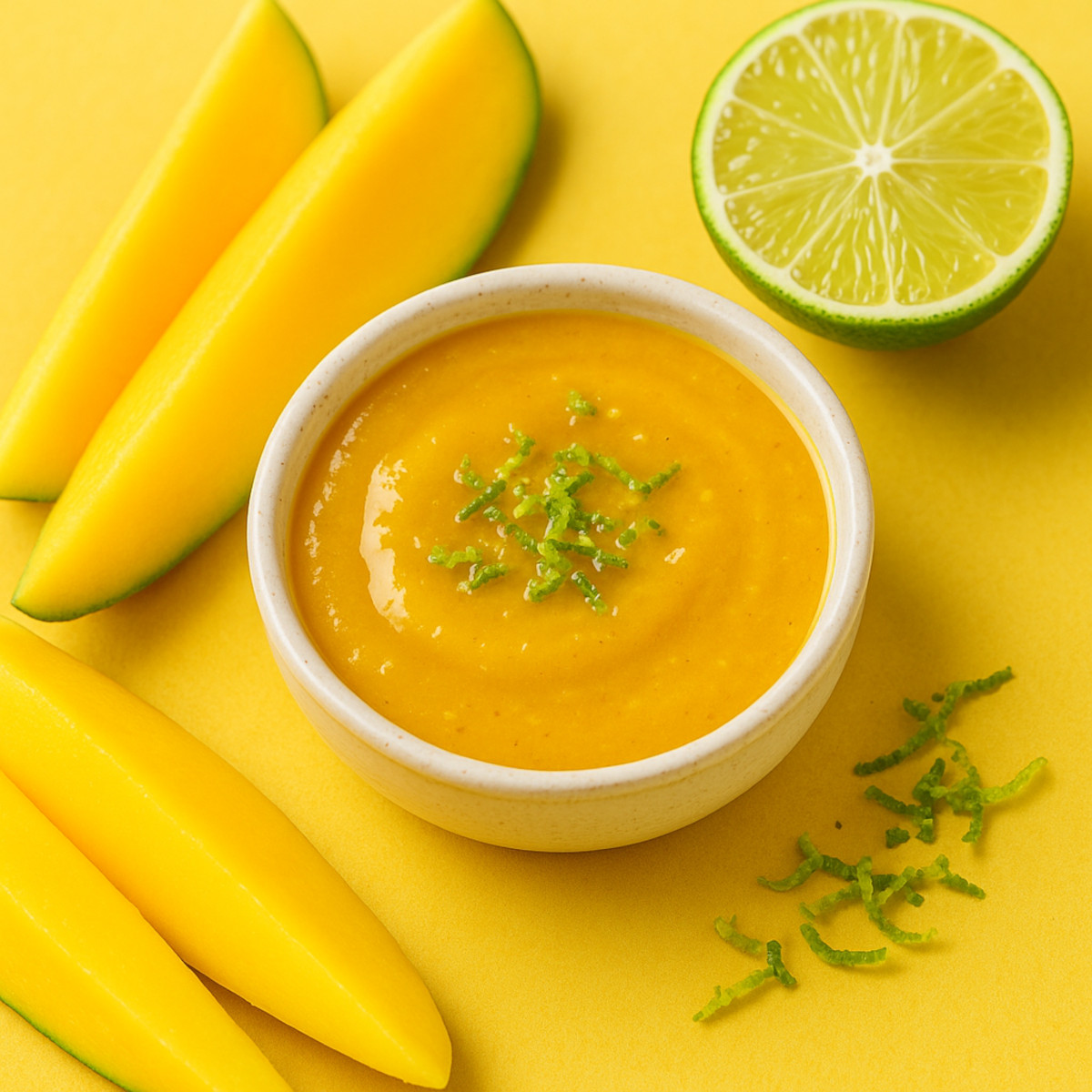 Sauce exotique vegan à la mangue, citron vert et tamari dans un bol