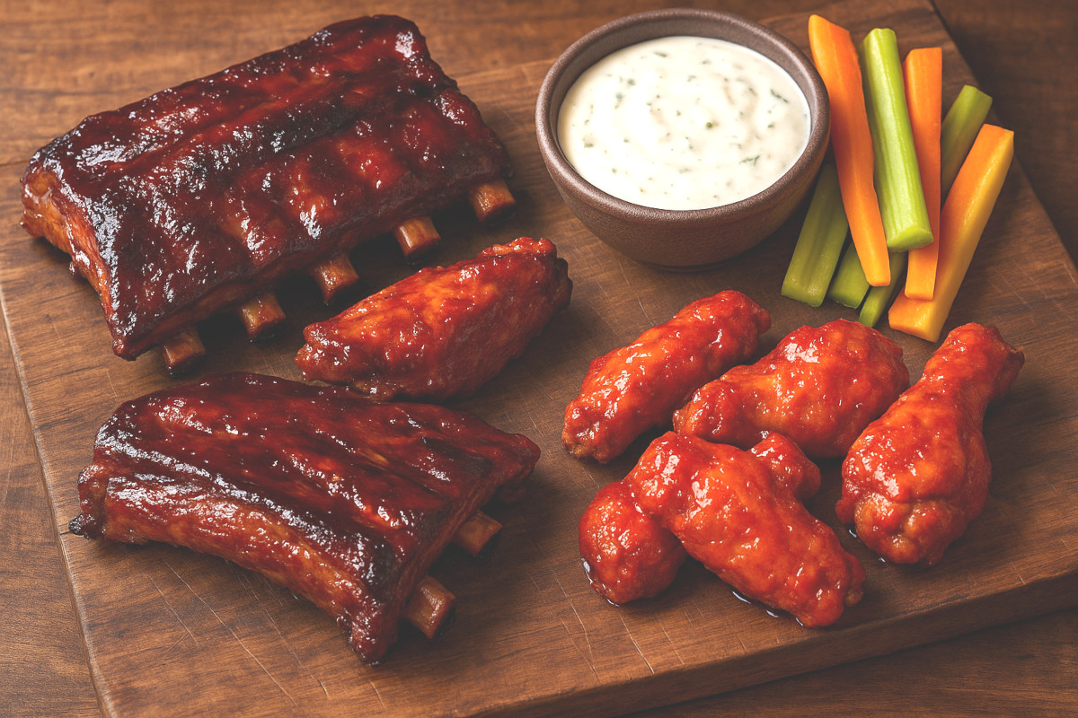 Sauces américaines : barbecue, ranch et Buffalo avec grillades et ailes de poulet