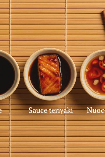 Sauces asiatiques : soja, teriyaki et nuoc-mâm avec plats traditionnels