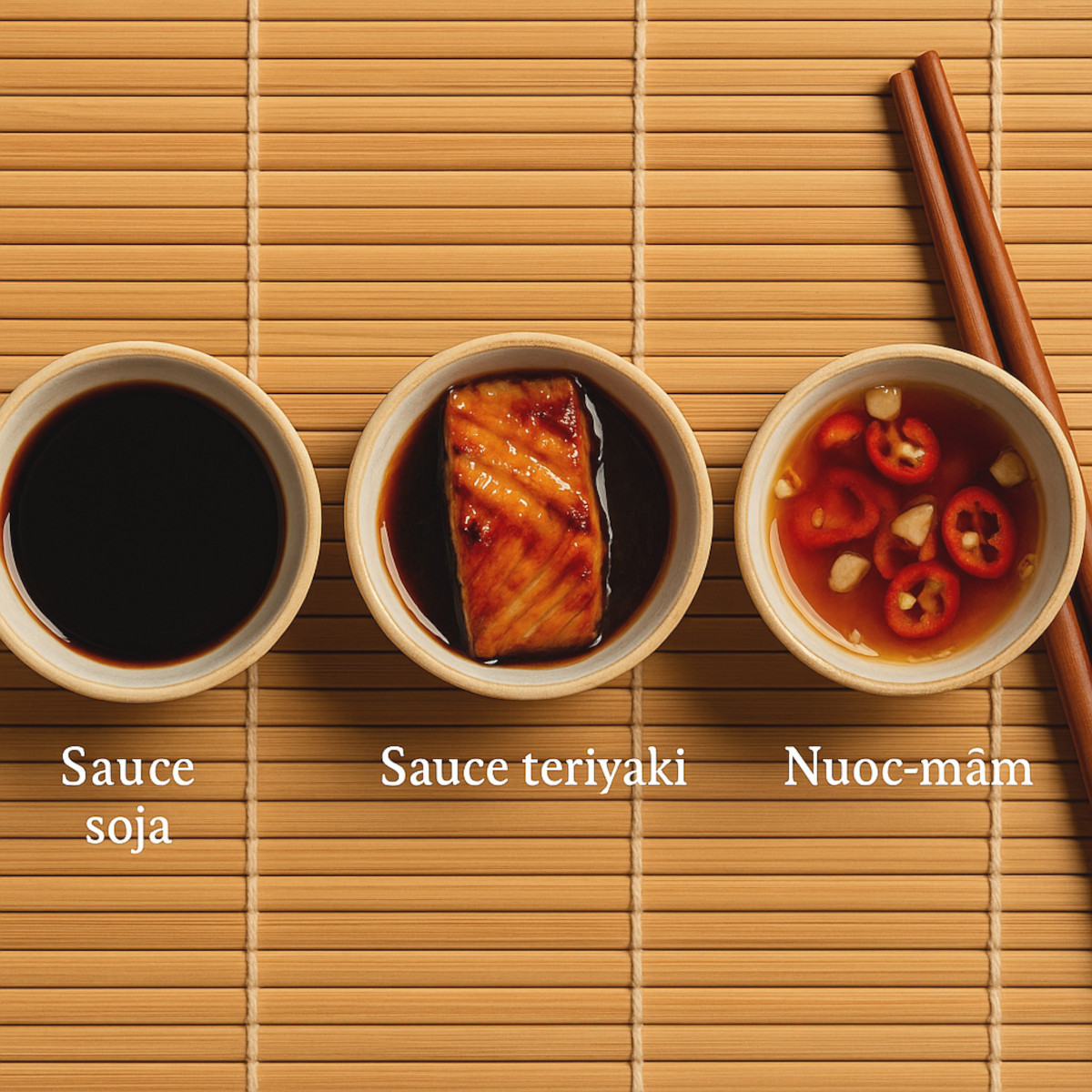 Sauces asiatiques : soja, teriyaki et nuoc-mâm avec plats traditionnels