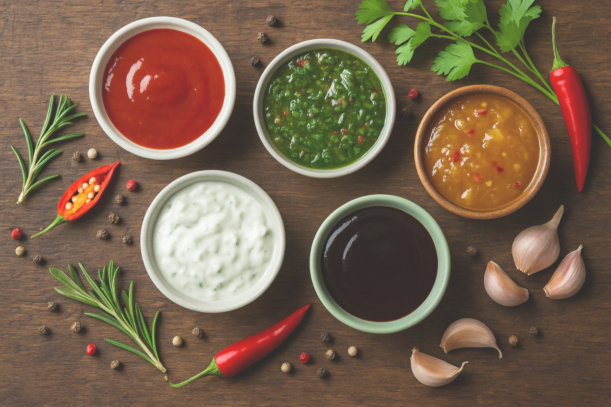 Sauces du monde colorées sur une table avec épices et herbes fraîches