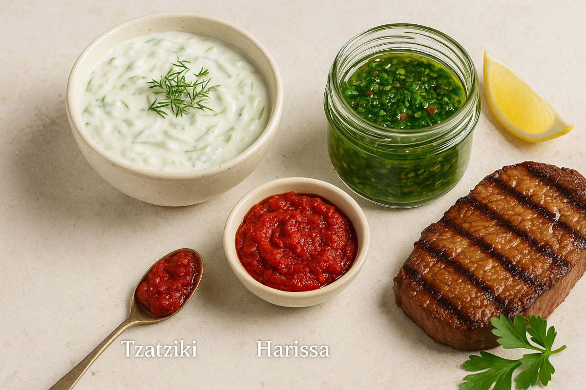 Sauces méditerranéennes tzatziki, harissa et chimichurri servies avec grillades