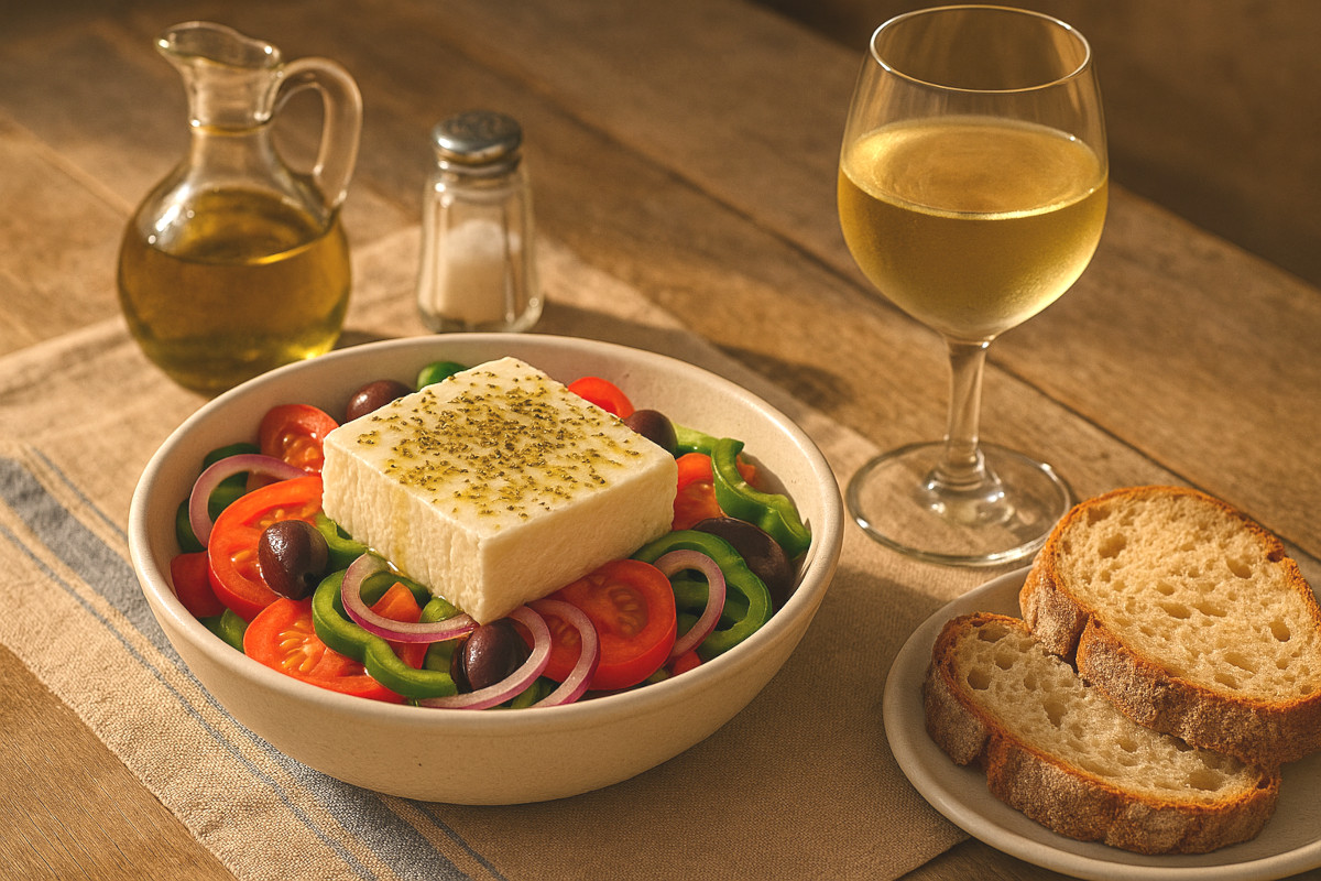 Table rustique de taverne grecque avec salade grecque, verre de vin blanc Assyrtiko, pain de campagne, huile d’olive et sel dans une ambiance méditerranéenne estivale