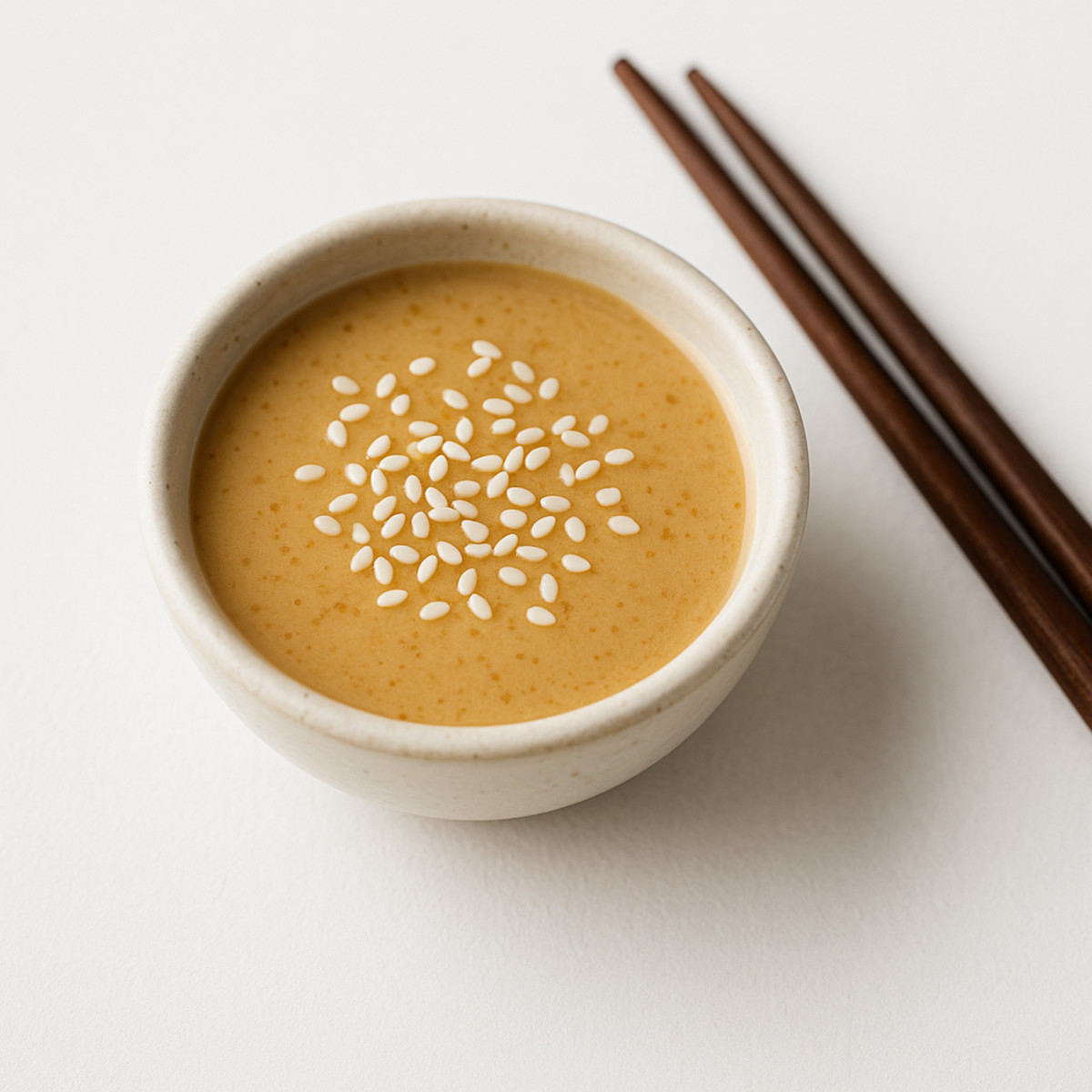 Vinaigrette végane au miso et sésame dans un petit bol céramique