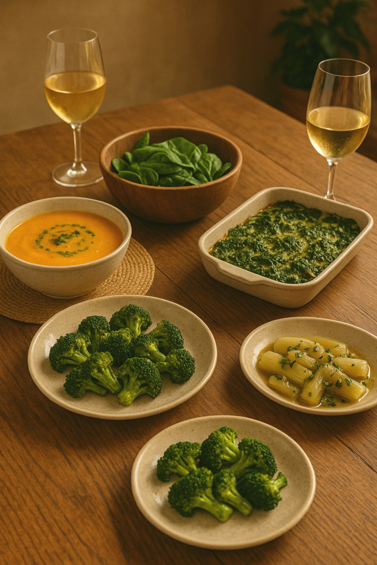 Accords mets-vins de septembre : plats de légumes servis avec vins blancs.