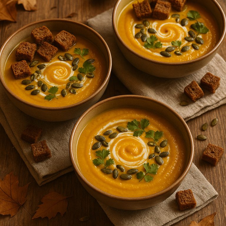 Bols de velouté détox au potimarron et curcuma servis avec croûtons de pain complet et graines grillées