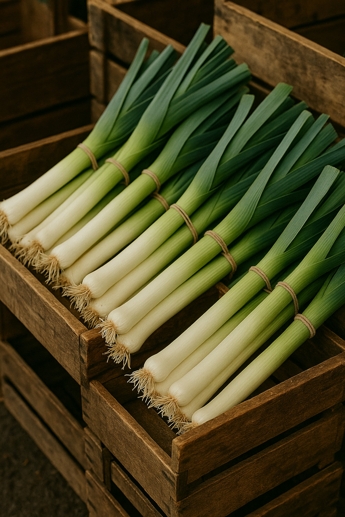 Bottes de poireaux frais avec fût blanc et feuillage vert foncé.