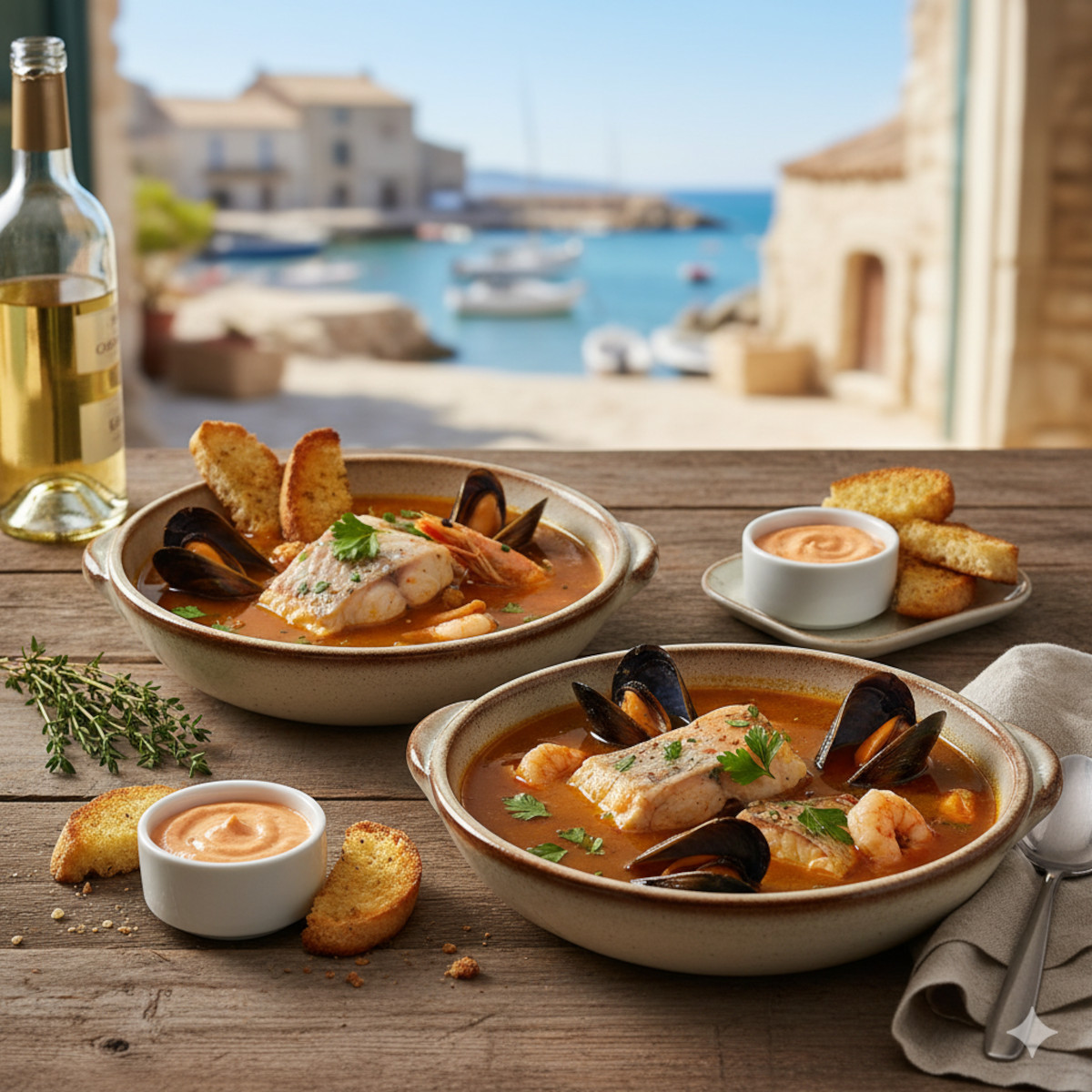 Bouillabaisse marseillaise traditionnelle avec croûtons et rouille, recette française des Plats Méditerranéens