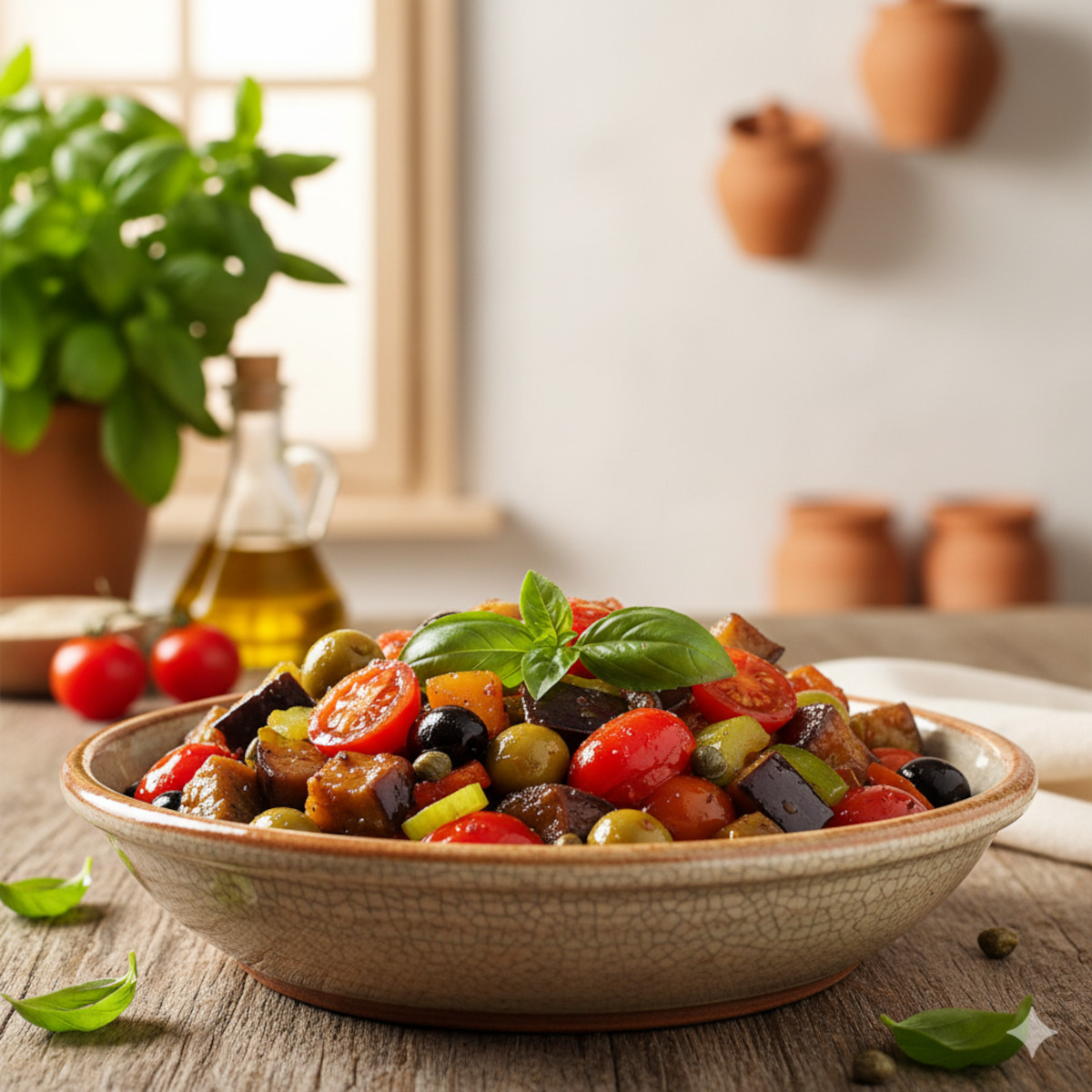 Caponata sicilienne colorée, recette italienne typique des Plats Traditionnels Méditerranéens