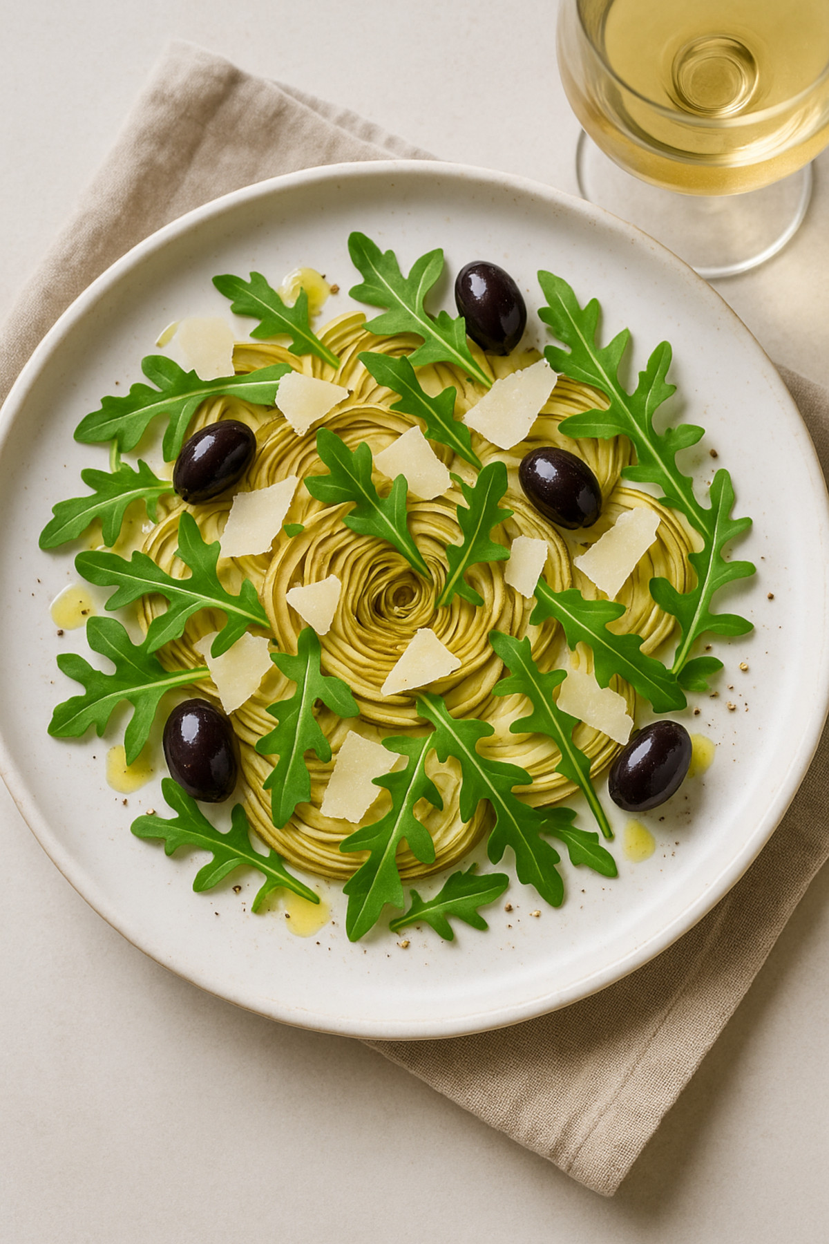 Carpaccio d’artichauts au parmesan servi en rosace avec copeaux de fromage, roquette et huile d’olive, recette italienne raffinée