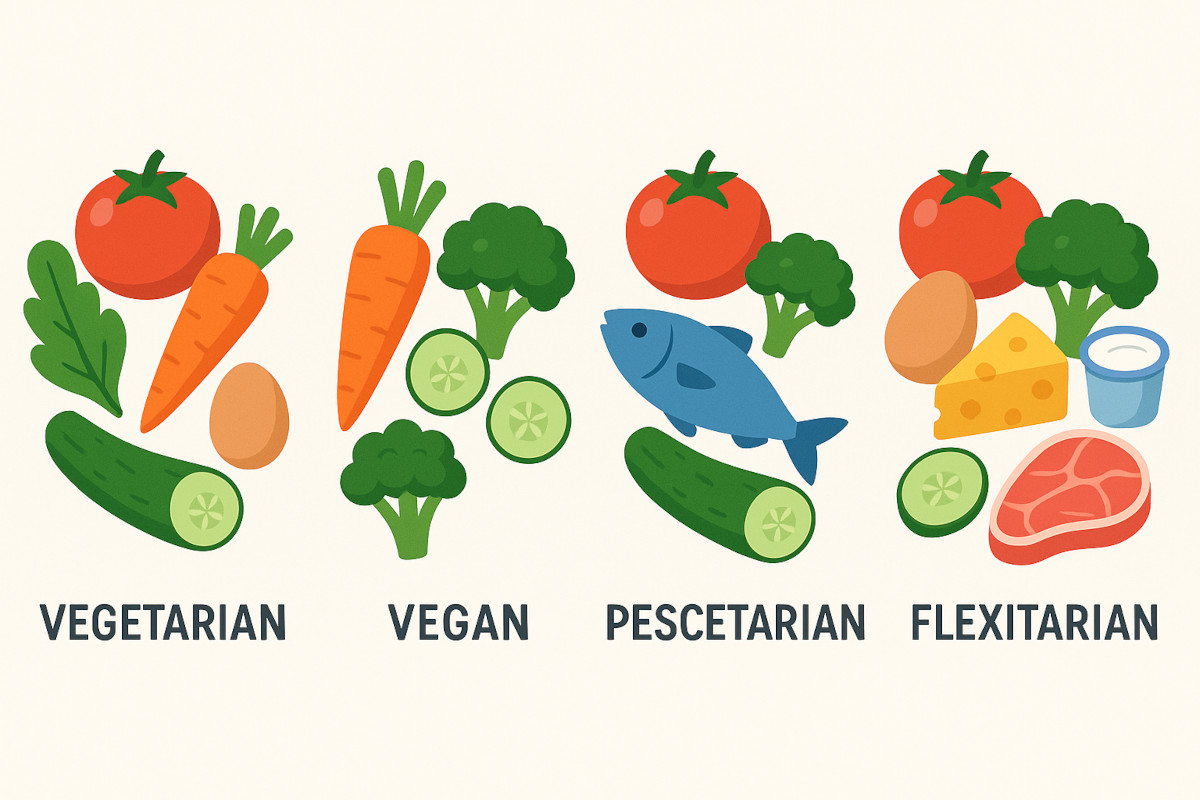 Comparatif visuel des régimes végétarien, vegan, flexitarien et pesco-végétarien