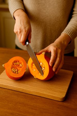 Découpe du potimarron en deux pour réaliser une soupe maison