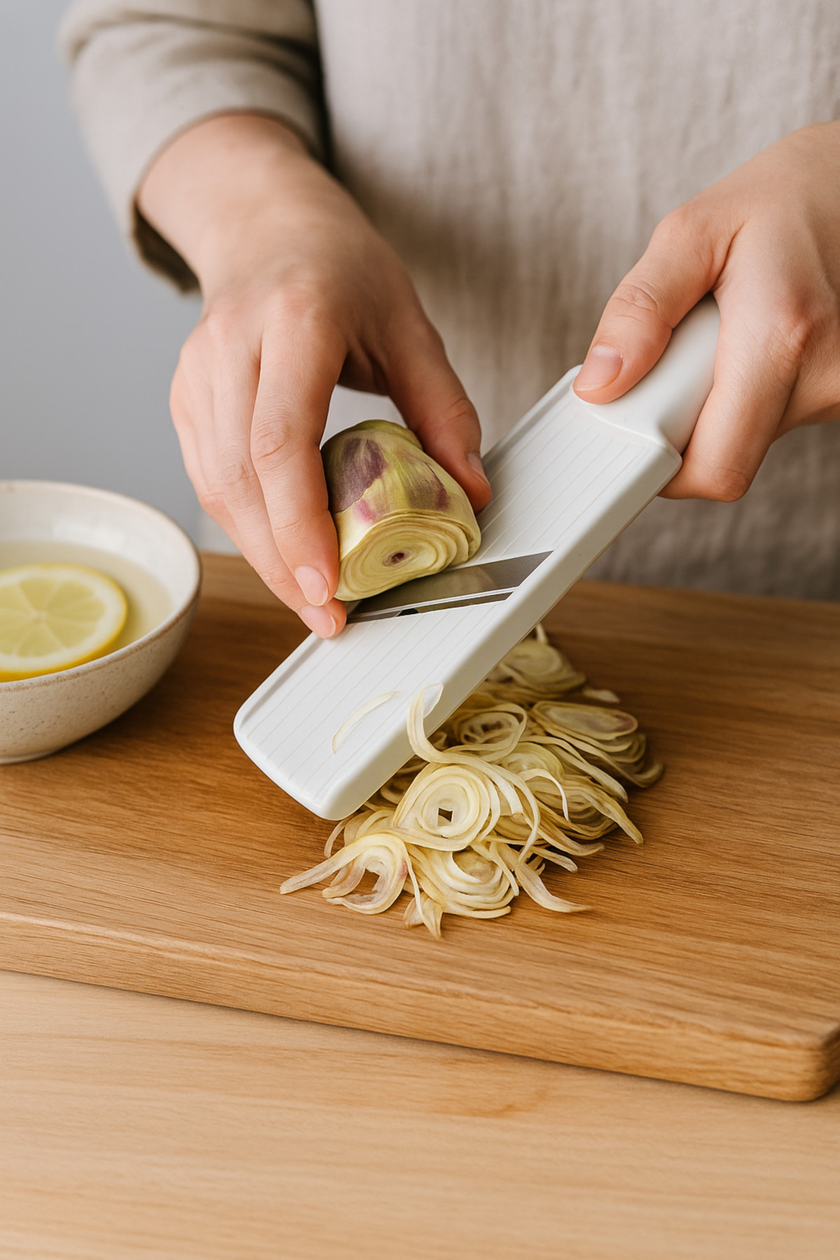 Découpe fine des cœurs d’artichauts à la mandoline pour réaliser un carpaccio cru italien croquant et élégant