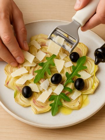 Dressage du carpaccio d’artichauts au parmesan : lamelles en éventail, copeaux de fromage, roquette, olives et filet d’huile d’olive