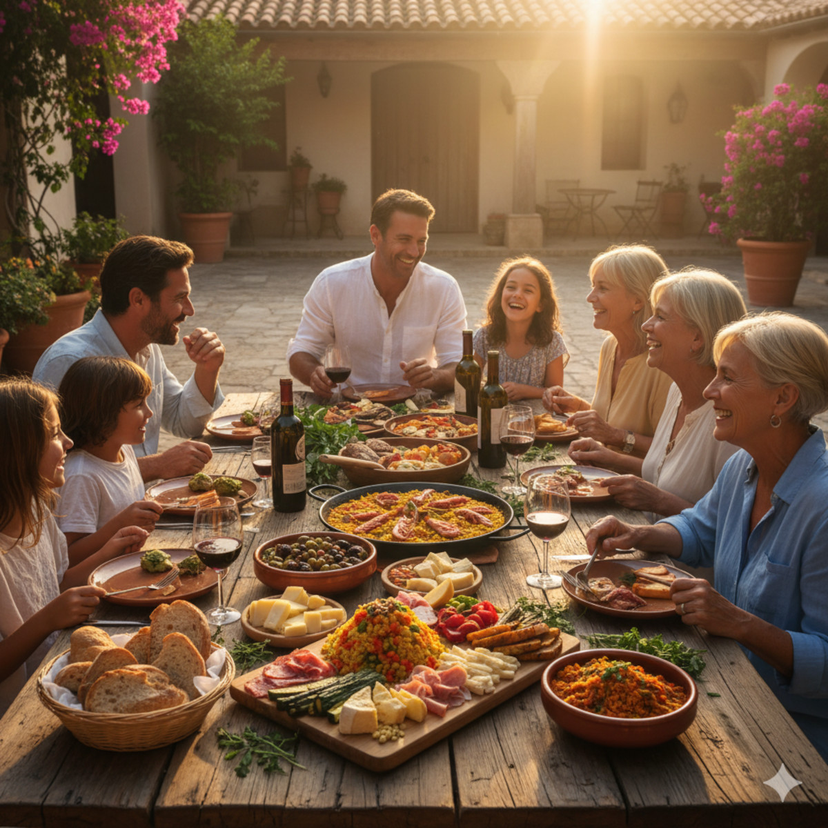 Famille partageant un repas convivial avec Plats Traditionnels Méditerranéens en plein air