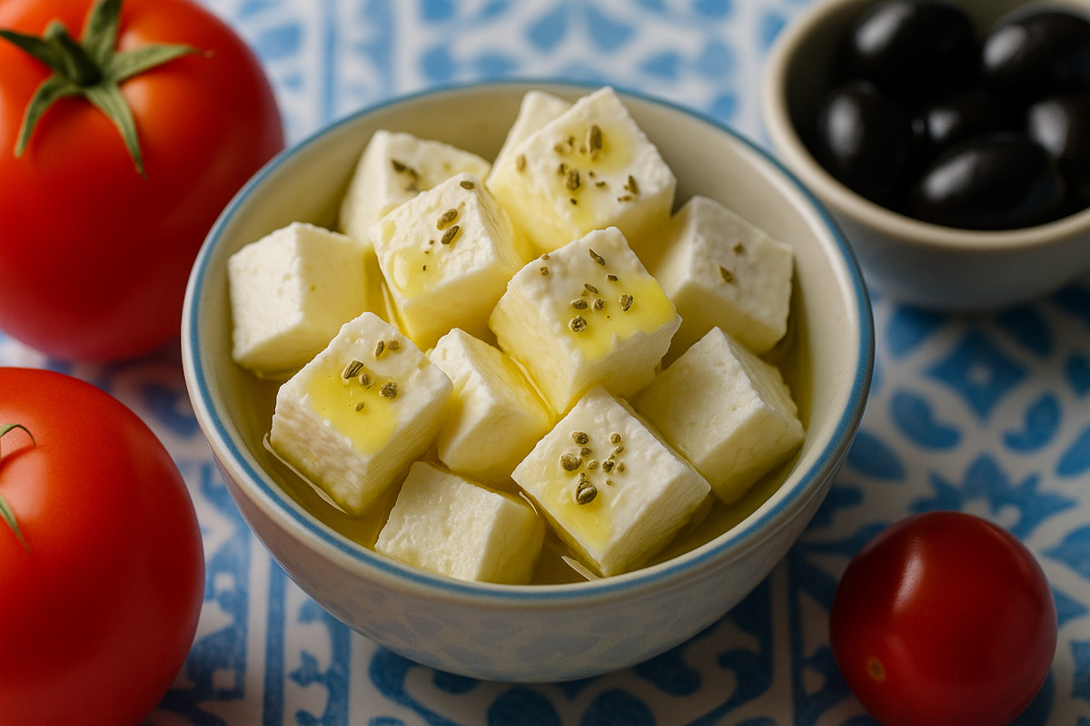 Feta AOP grecque servie avec tomates, olives et huile d’olive