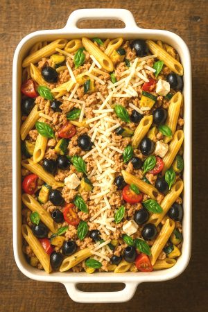 Gratin de penne au thon avec mozzarella fondue et dorée