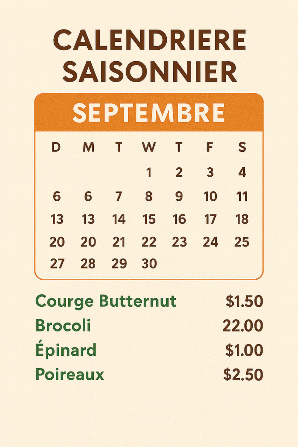 Infographie calendrier des légumes de septembre 2025 avec prix et idées recettes