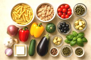 Ingrédients pour penne au thon : légumes méditerranéens, penne, thon, fromage