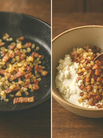 Lardons croustillants, oignons dorés et chèvre mélangés à la crème dans un saladier pour former la farce de la butternut
