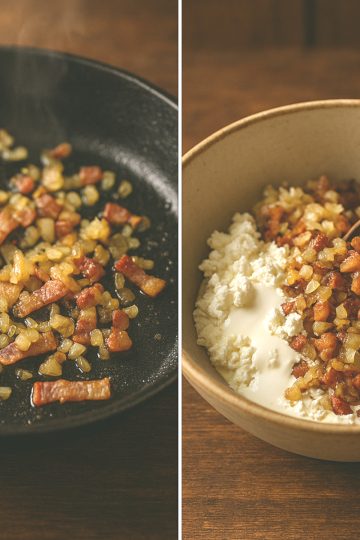 Lardons croustillants, oignons dorés et chèvre mélangés à la crème dans un saladier pour former la farce de la butternut