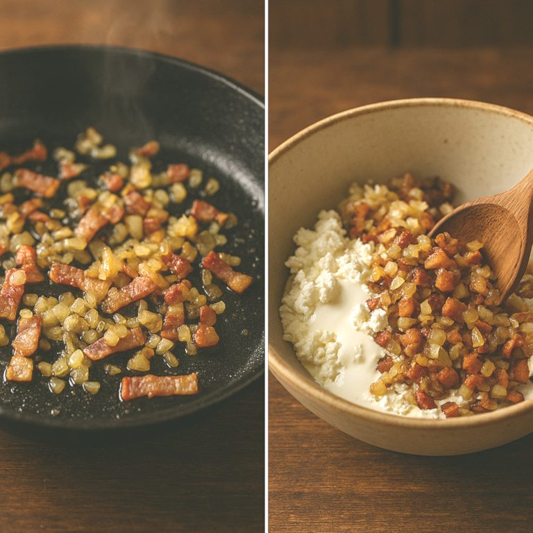 Lardons croustillants, oignons dorés et chèvre mélangés à la crème dans un saladier pour former la farce de la butternut