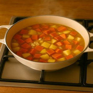 Légumes en train de cuire pour velouté de potimarron crémeux