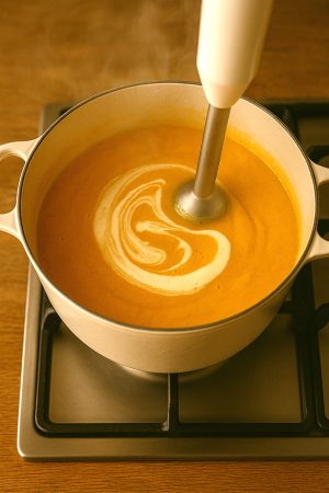 Mixage du velouté de potimarron avec ajout de crème pour texture onctueuse