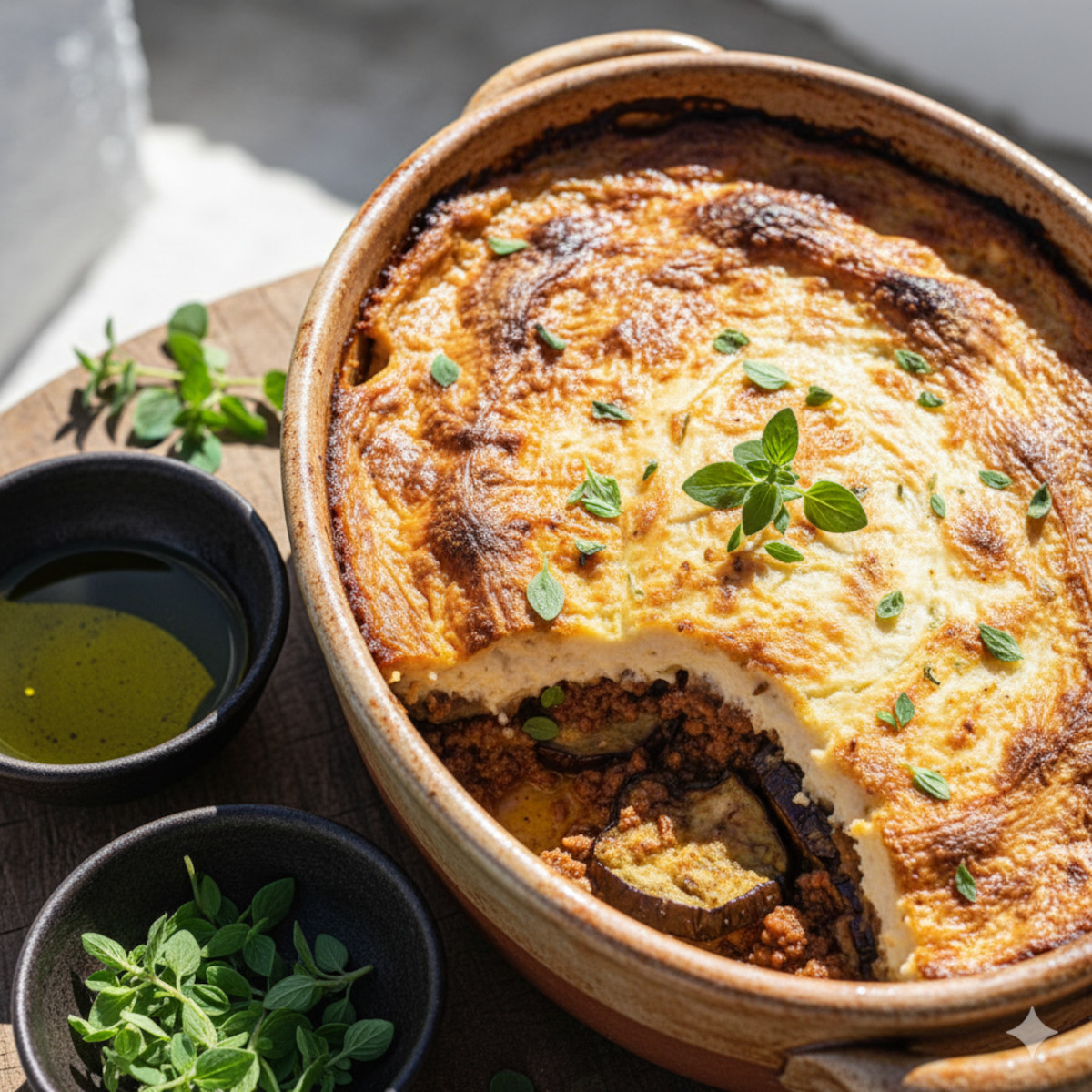 Moussaka grecque traditionnelle avec aubergines, viande et béchamel, spécialité des Plats Méditerranéens