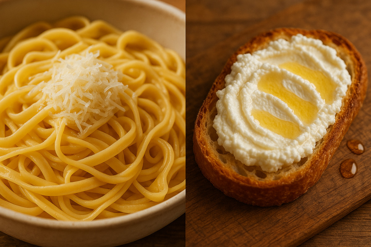 Parmesan râpé sur pâtes fraîches et ricotta servie avec miel