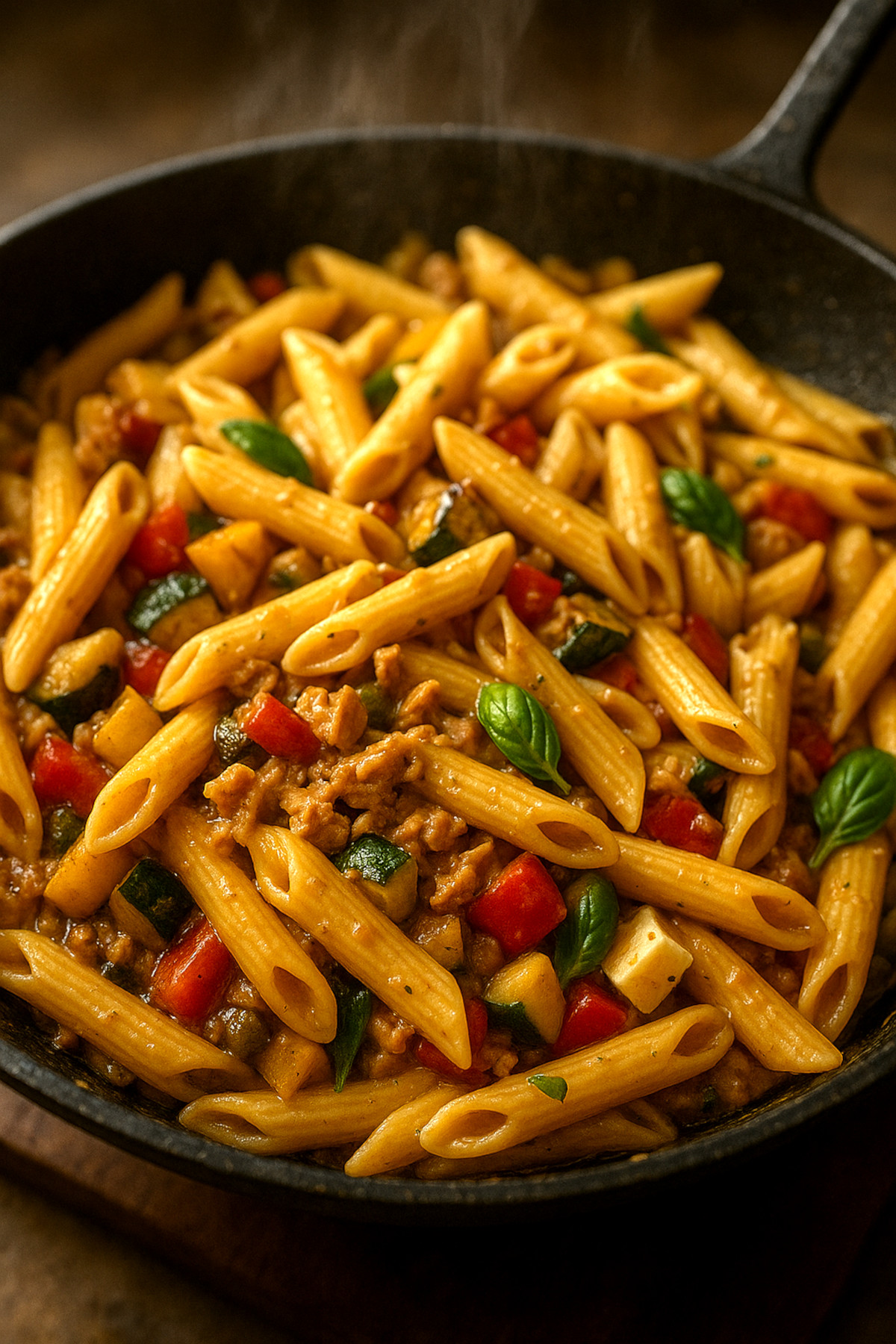 Pâtes penne mélangées avec légumes et thon dans une sauteuse