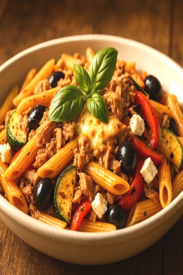 Penne méditerranéennes au thon servies dans une assiette creuse