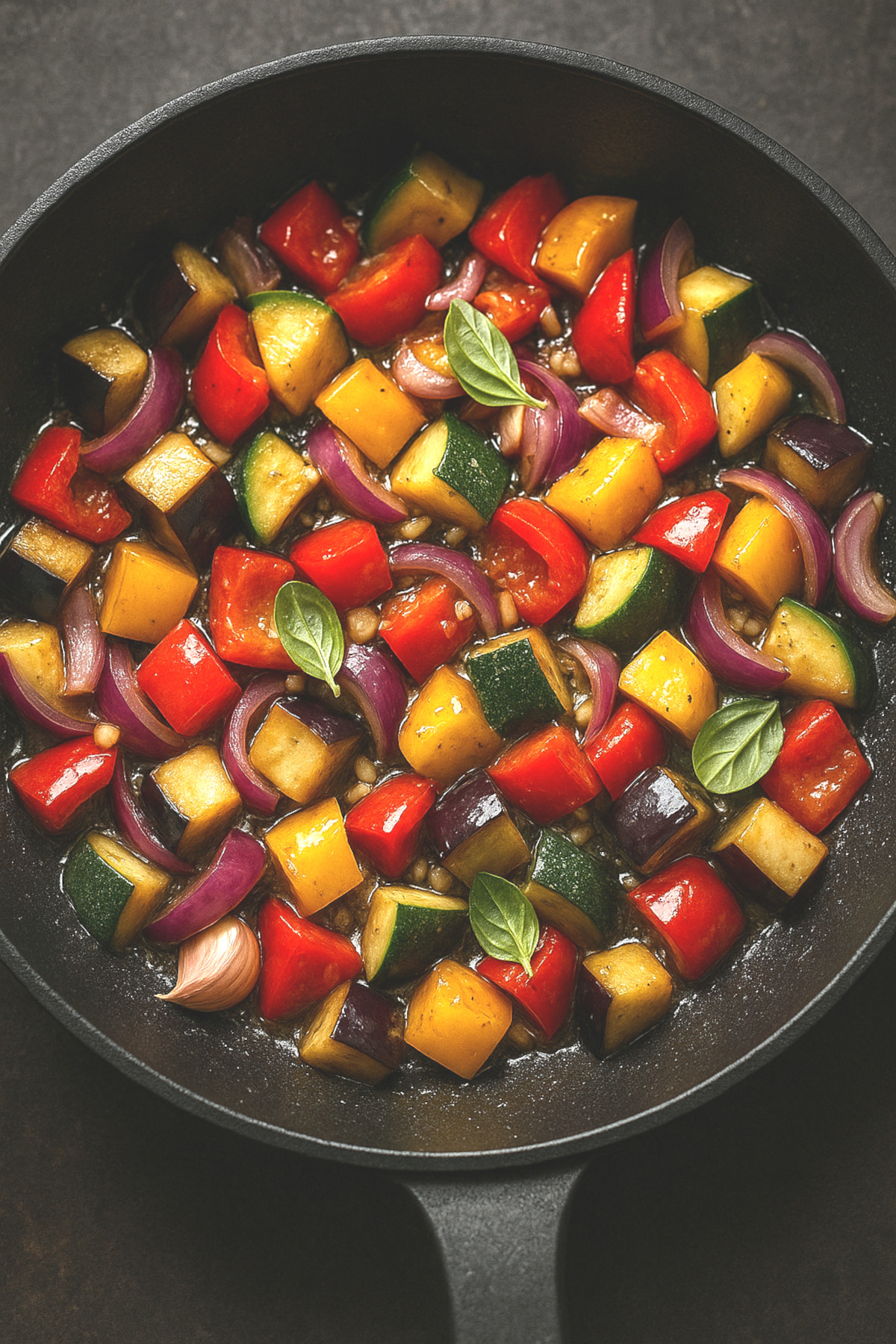 Poivrons, aubergines et courgettes en cuisson dans une sauteuse
