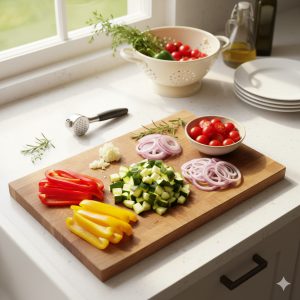 Poivrons coupés en lanières, courgettes en dés, tomates cerises coupées en deux, oignon émincé et ail pressé sur planche en bois