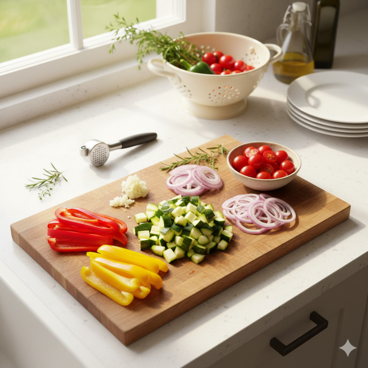 Poivrons coupés en lanières, courgettes en dés, tomates cerises coupées en deux, oignon émincé et ail pressé sur planche en bois