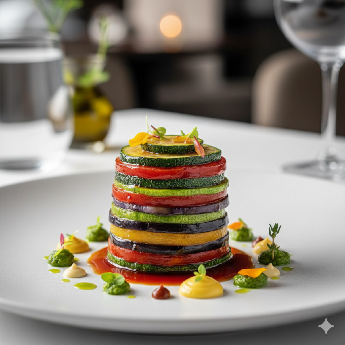 Ratatouille revisitée en version gastronomique moderne, exemple de créativité des Plats Traditionnels Méditerranéens