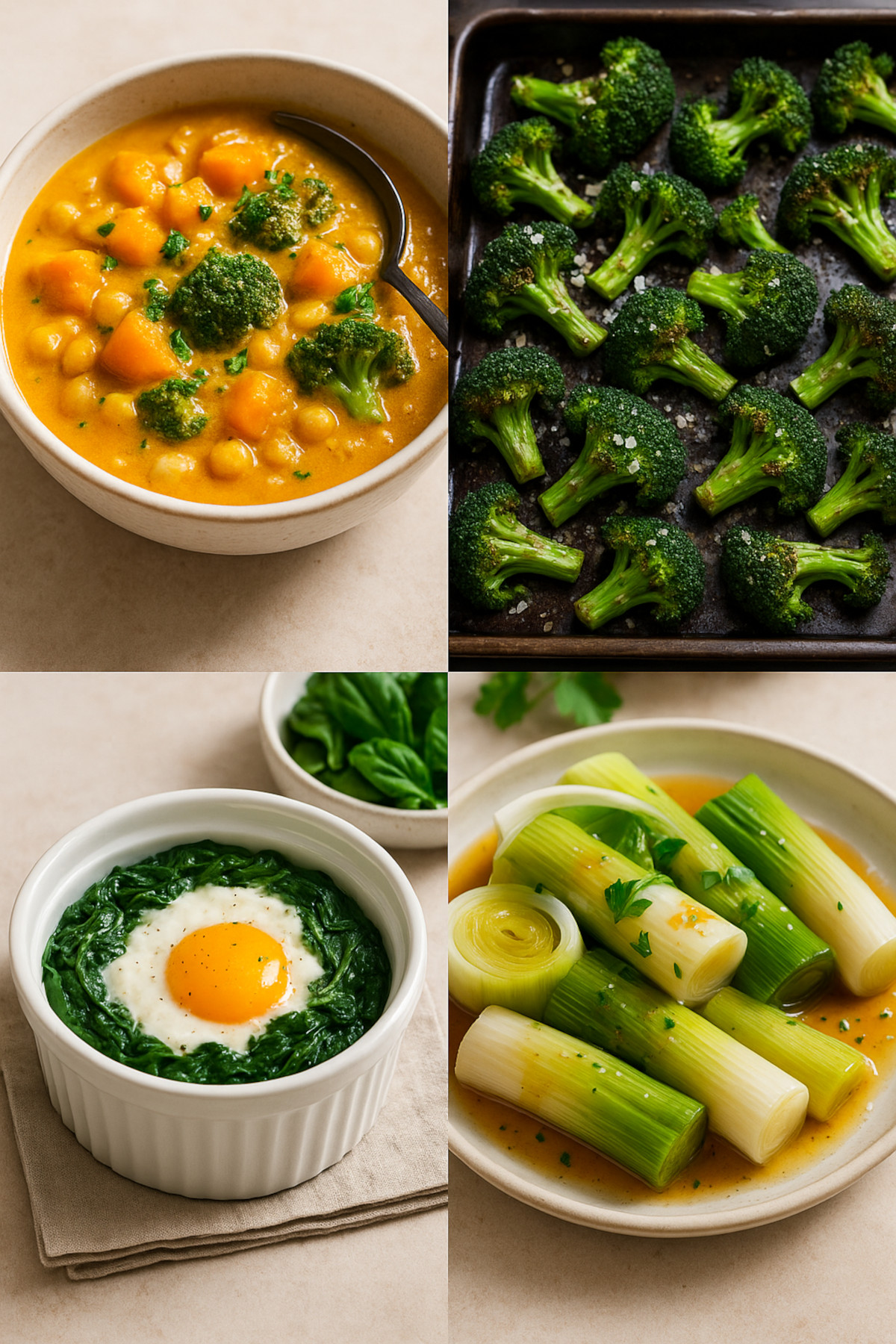 Recettes express de septembre : velouté de courge, brocoli rôti, œufs cocotte aux épinards et poireaux vinaigrette