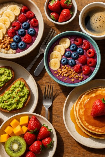 Table colorée de petit-déjeuner végétarien avec porridge, tartines, smoothies et pancakes