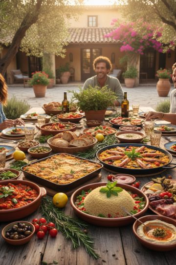 Table conviviale avec Plats Traditionnels Méditerranéens variés : moussaka, paëlla, couscous, ratatouille, antipasti