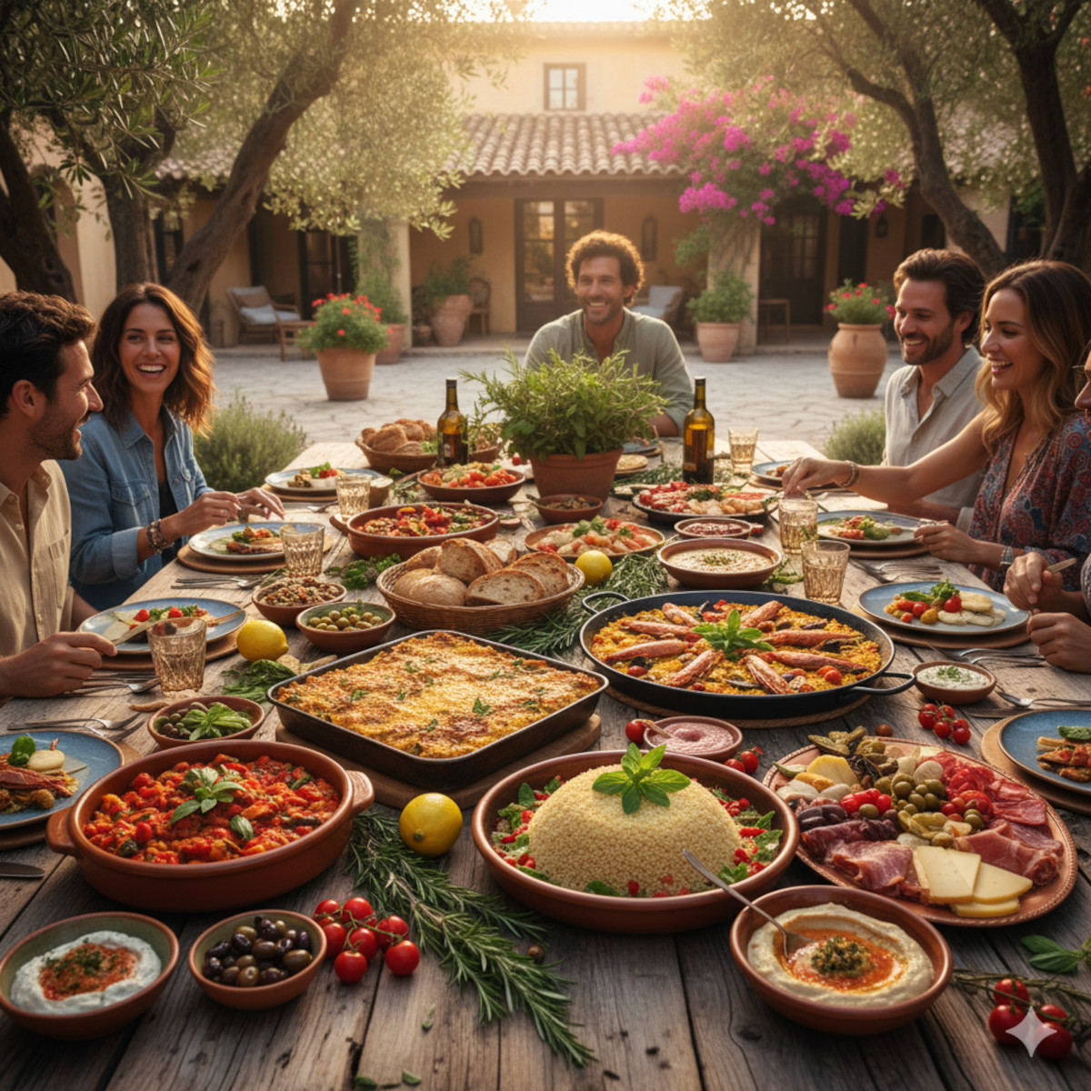 Table conviviale avec Plats Traditionnels Méditerranéens variés : moussaka, paëlla, couscous, ratatouille, antipasti