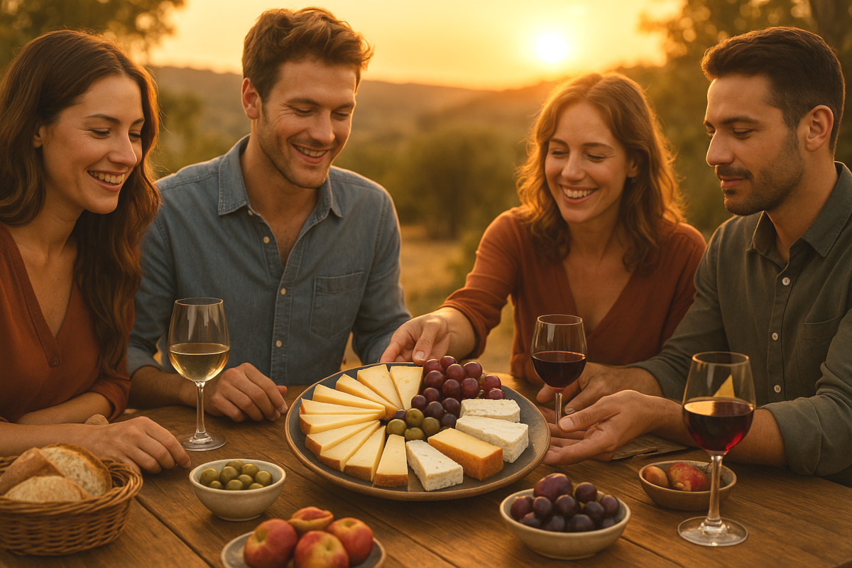 Table conviviale avec plateau de fromages méditerranéens et vins