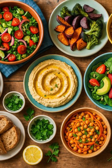 Table gourmande de cuisine végétarienne et vegan avec salades, currys et houmous maison