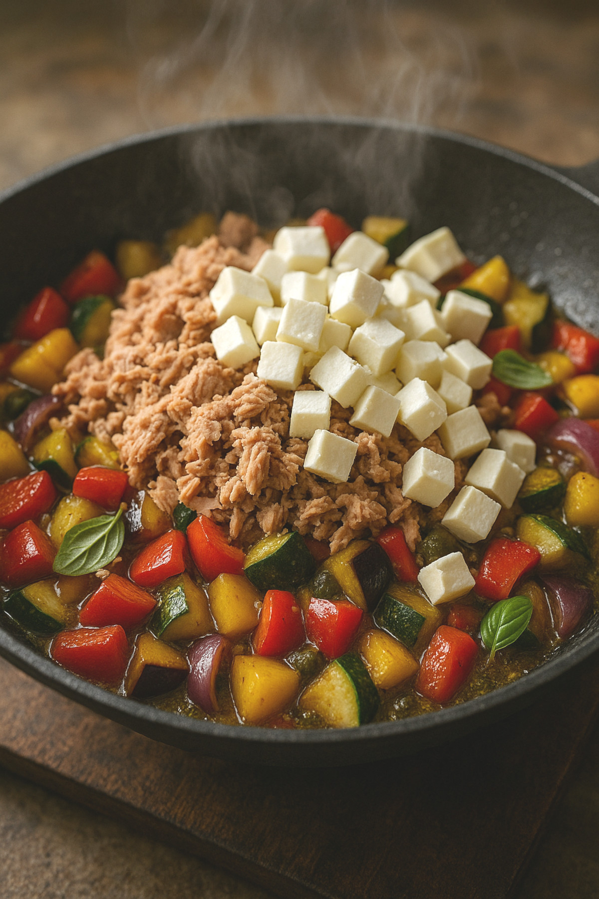 Thon émietté et feta ajoutés aux légumes dans la sauteuse
