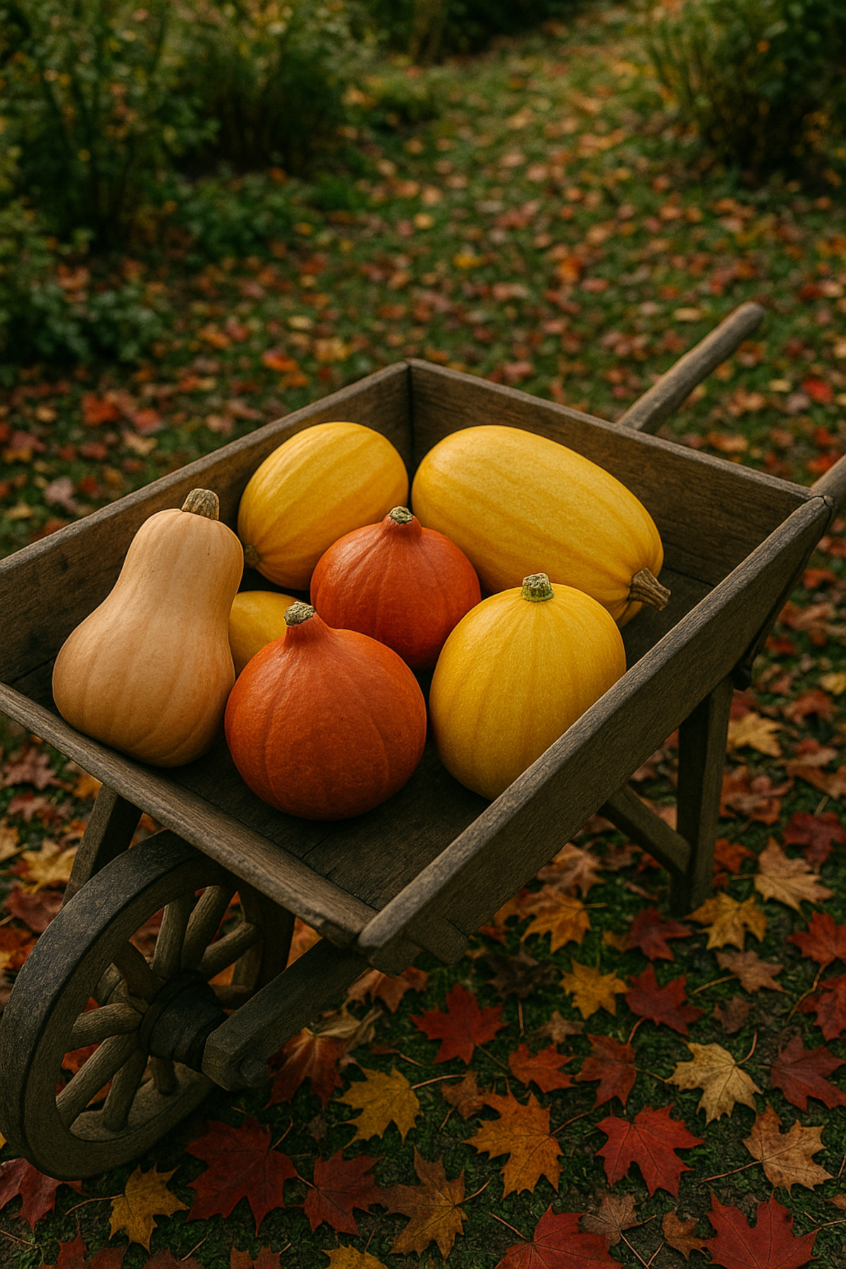 Variétés de courges de septembre : butternut, potimarron et spaghetti exposées en plein air