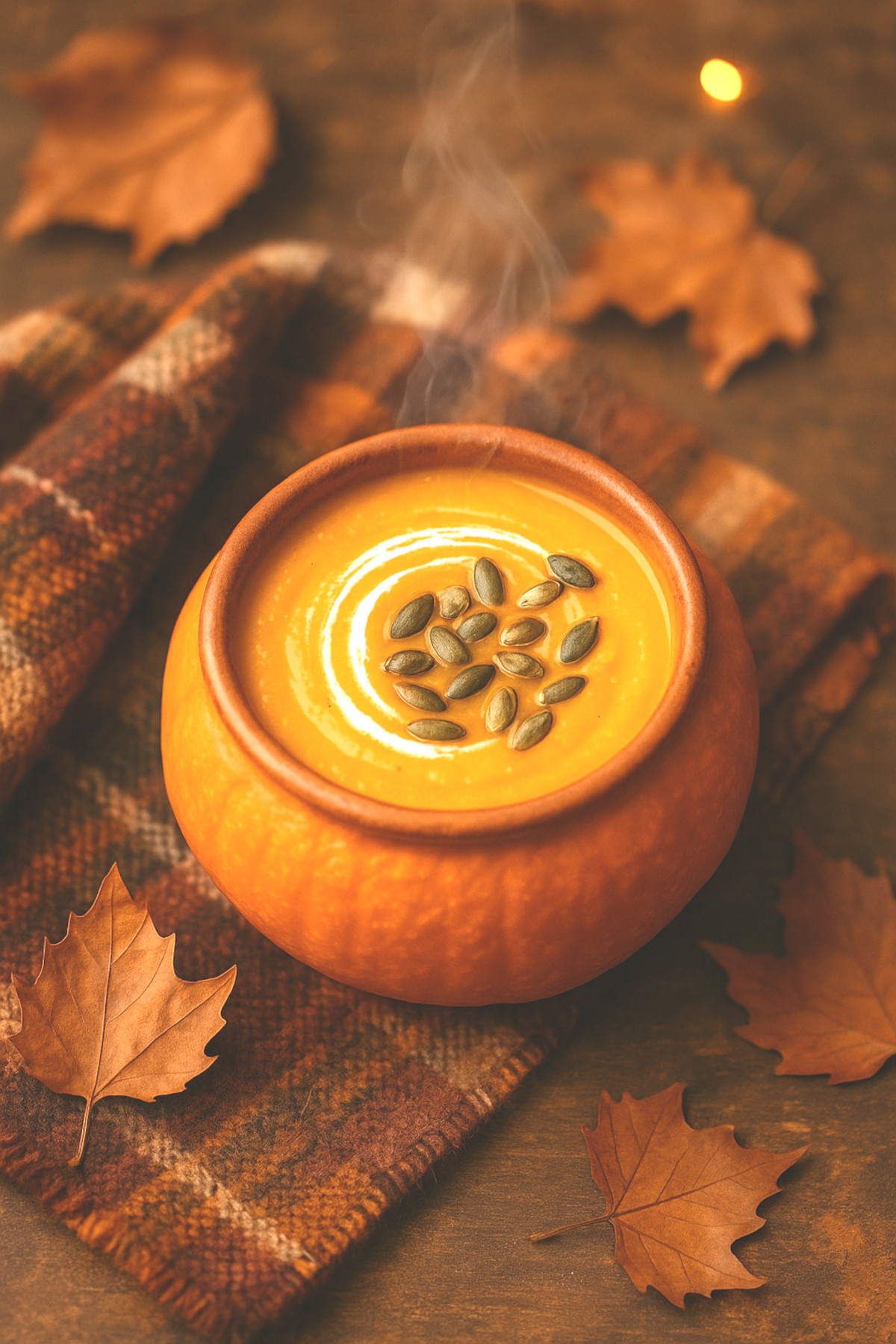 Velouté de potimarron crémeux servi chaud dans un bol avec graines de courge