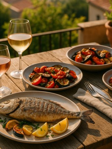 Vin blanc et rosé de Provence servis avec poissons grillés et légumes méditerranéens