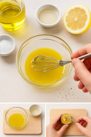 Vinaigrette maison pour carpaccio d'artichauts : émulsion de jus de citron, huile d'olive extra vierge, vinaigre de Xérès, sel et poivre