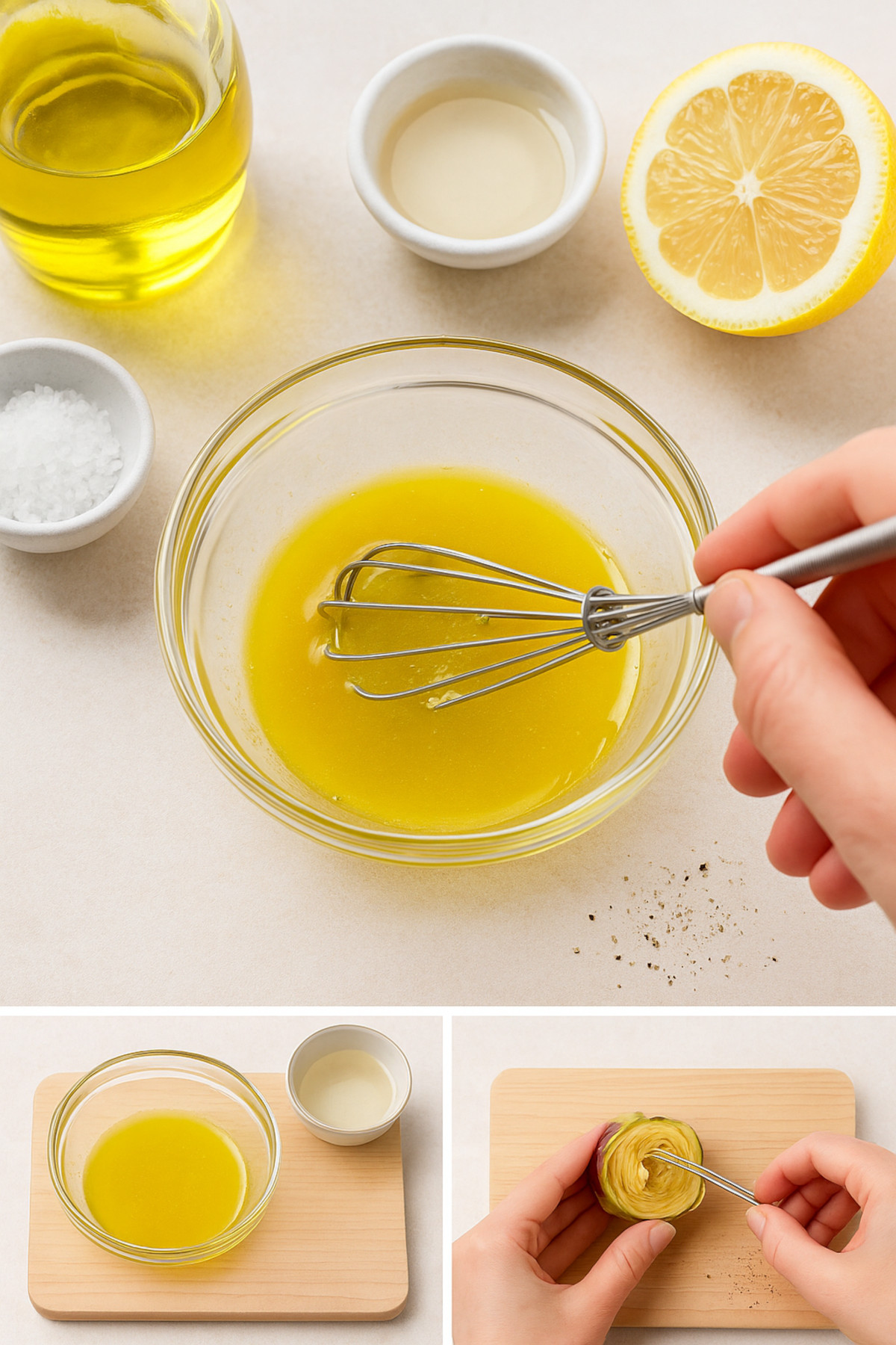 Vinaigrette maison pour carpaccio d’artichauts : émulsion de jus de citron, huile d’olive extra vierge, vinaigre de Xérès, sel et poivre