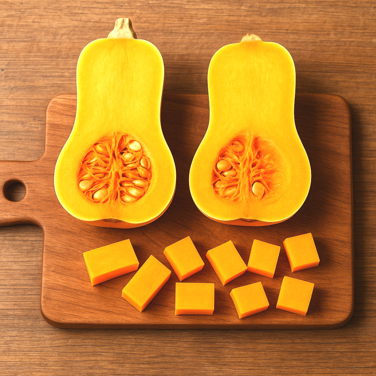 butternut ouvert sur la table avec quelques cubes de chair